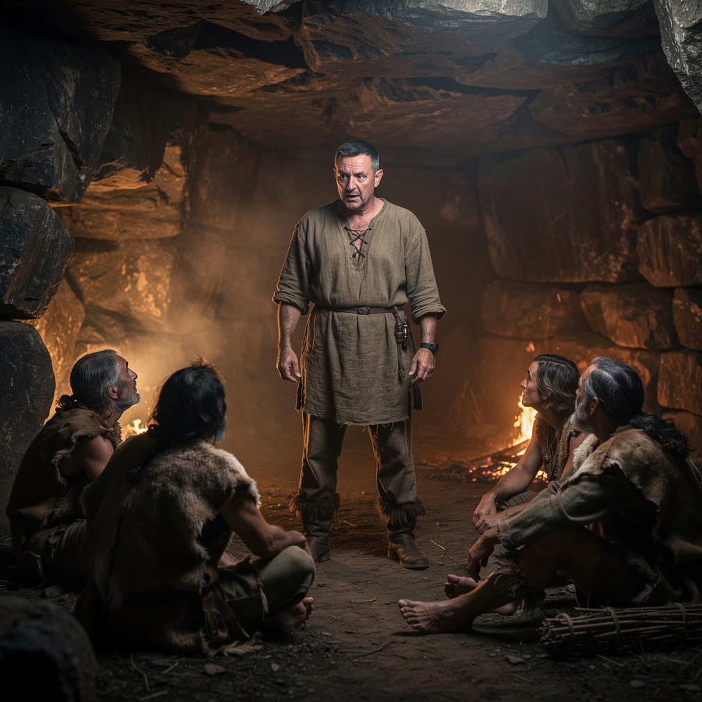 He began to speak, but the cave dwellers merely stared, confused by his strange clothing and unfamiliar language.