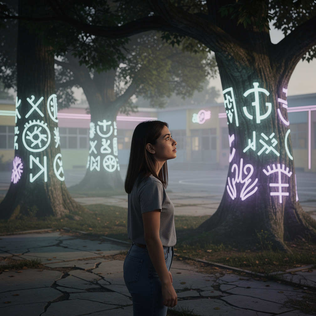 Mia's dreams grew stronger, and she started noticing strange symbols etched on trees in her schoolyard, similar to those in h