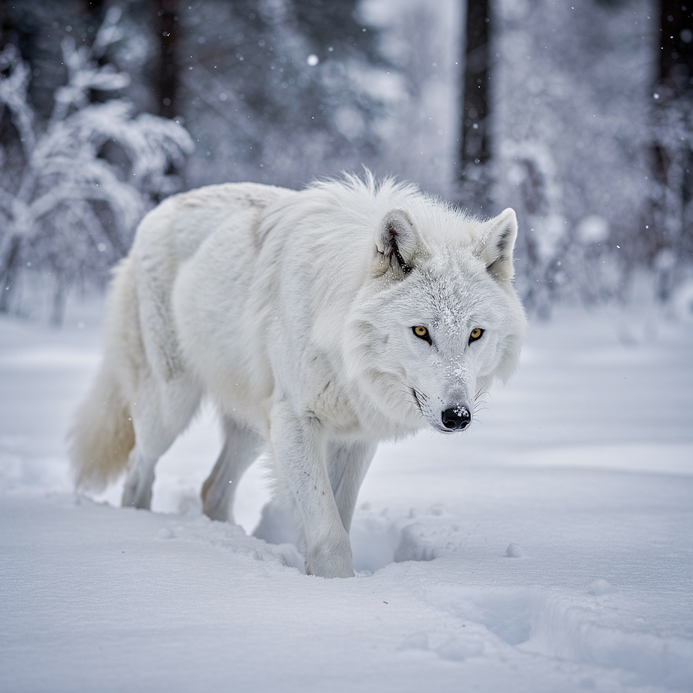 Magra the white wolf emerged from the forest, her piercing yellow eyes scanning the landscape for her pack.