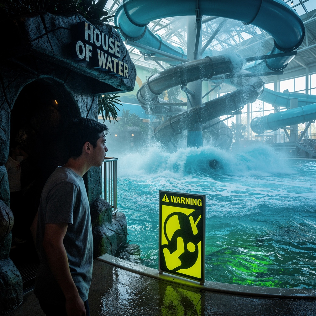 The House of Water appears dark and mysterious, with twisting slides and a massive wave pool, but a sign warns of intense wat