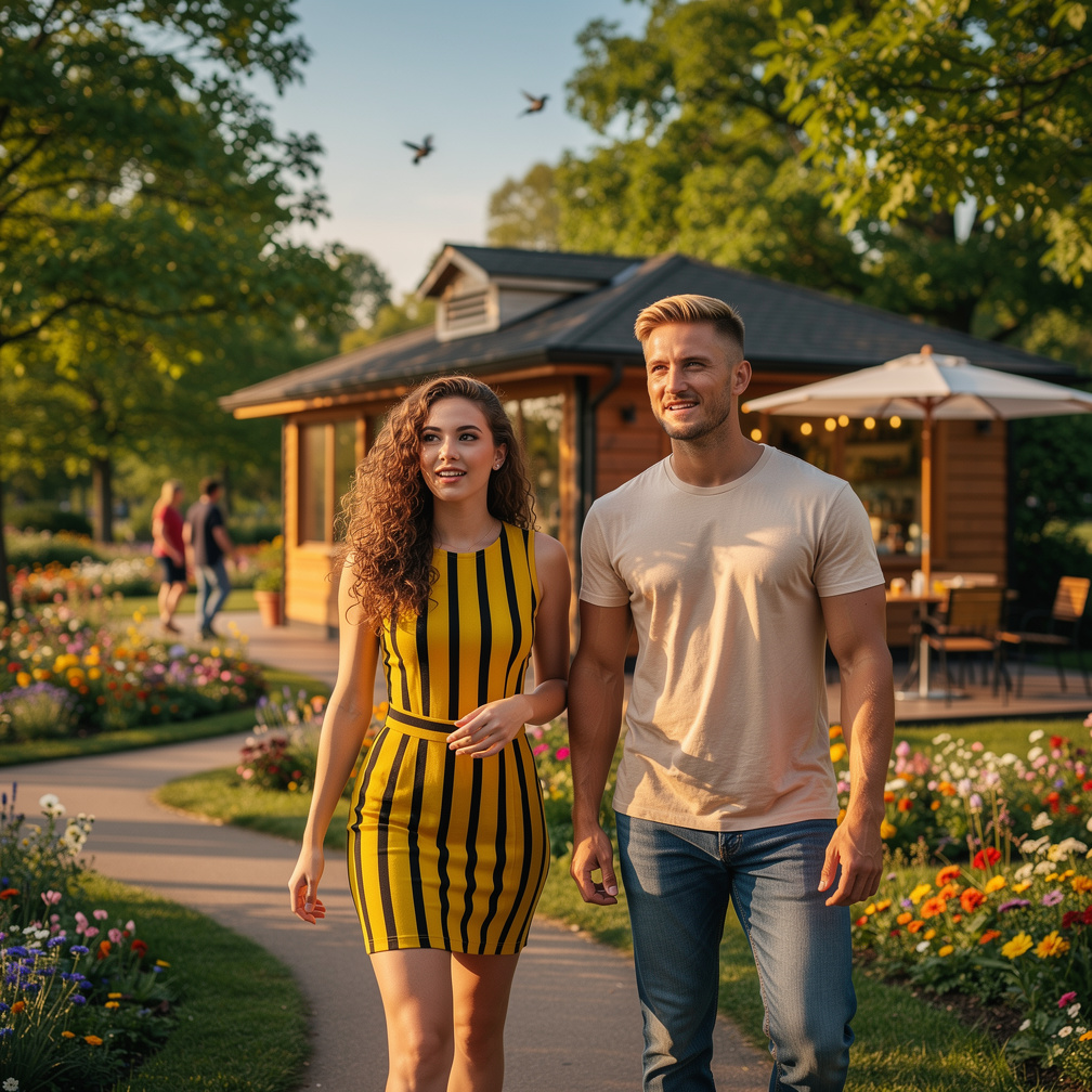 Alana and Matthew stroll through the park, her bright yellow and black stripes turning heads, when they stumble upon a quaint