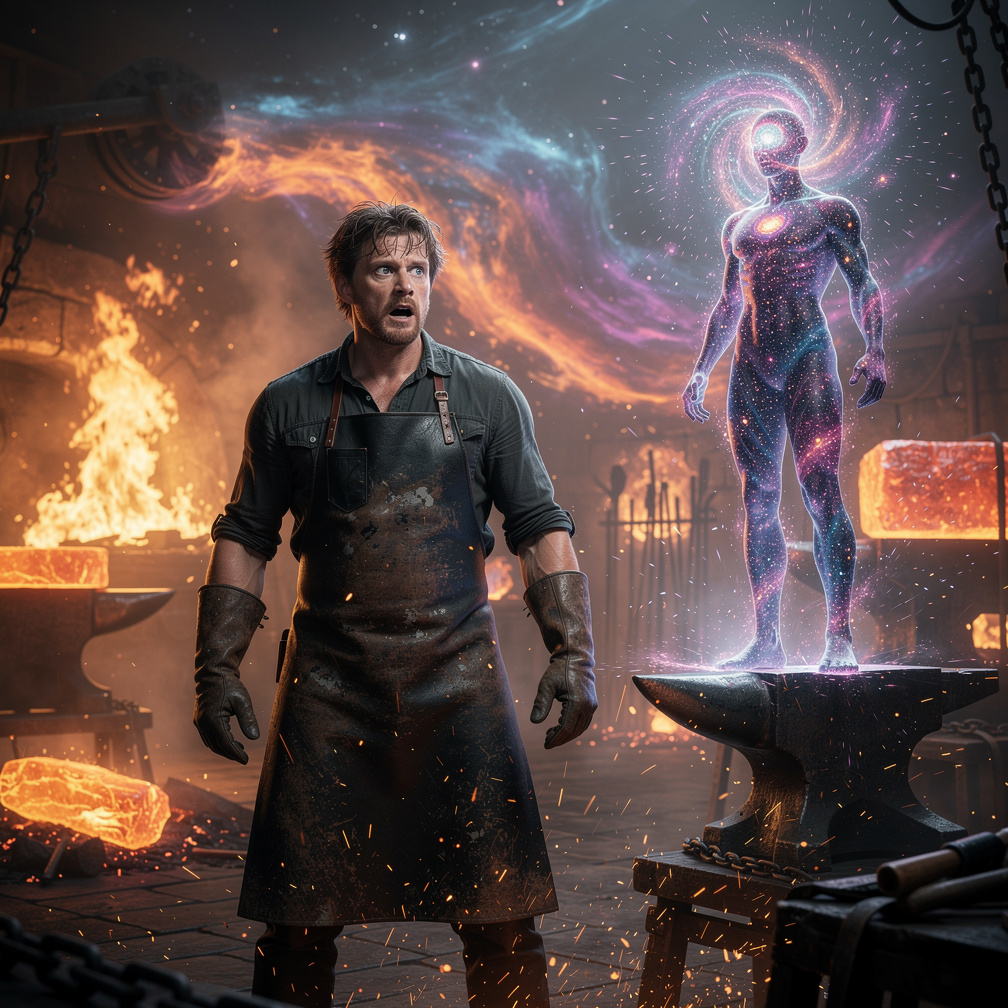 A figure approaches, its face a swirling vortex of stardust, and shouts above the roar of the flames, warning of a catastroph