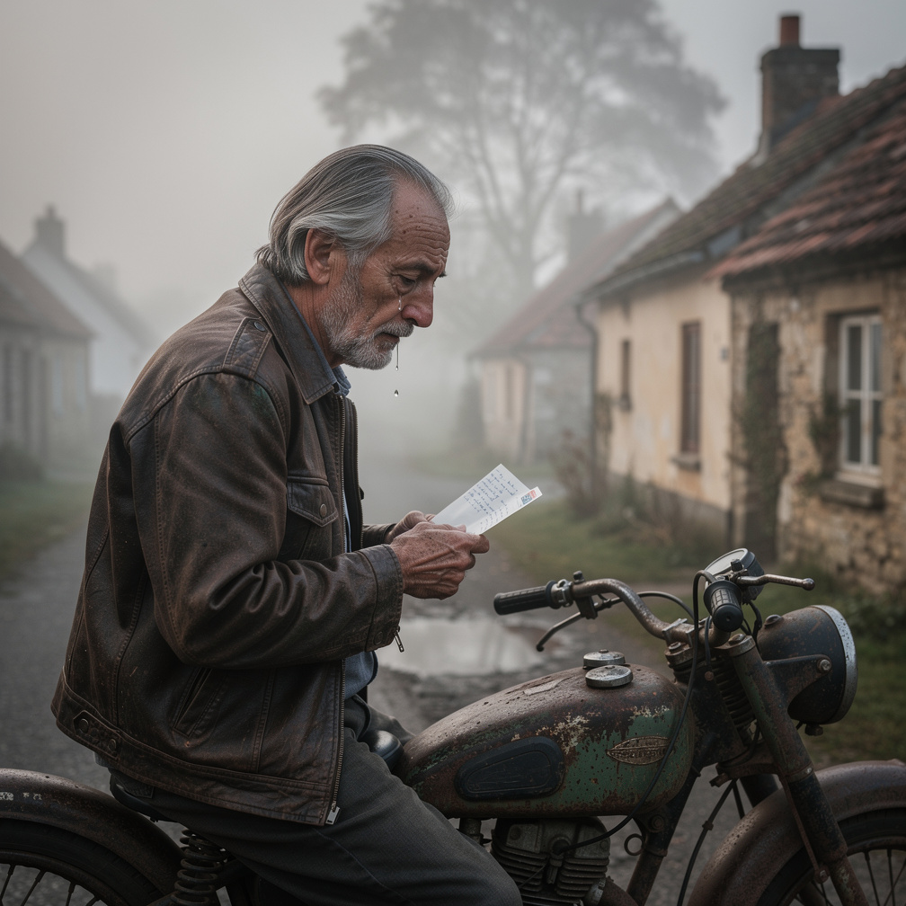 Tears fall as the old postman reads the letter, memories of his own son flooding his mind.
