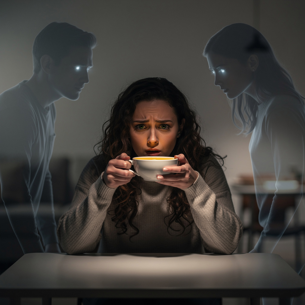 Mia Ji sips the pumpkin soup with William and Sadie, their eyes gleam in the dim light.
