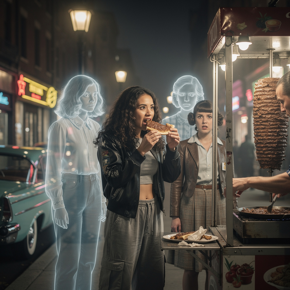 Mia Ji Wears Inspired by Aaliyah Try again She Buying Turkish Dön̈er and Starts To Eat With her Friend Stephanie and two ghos