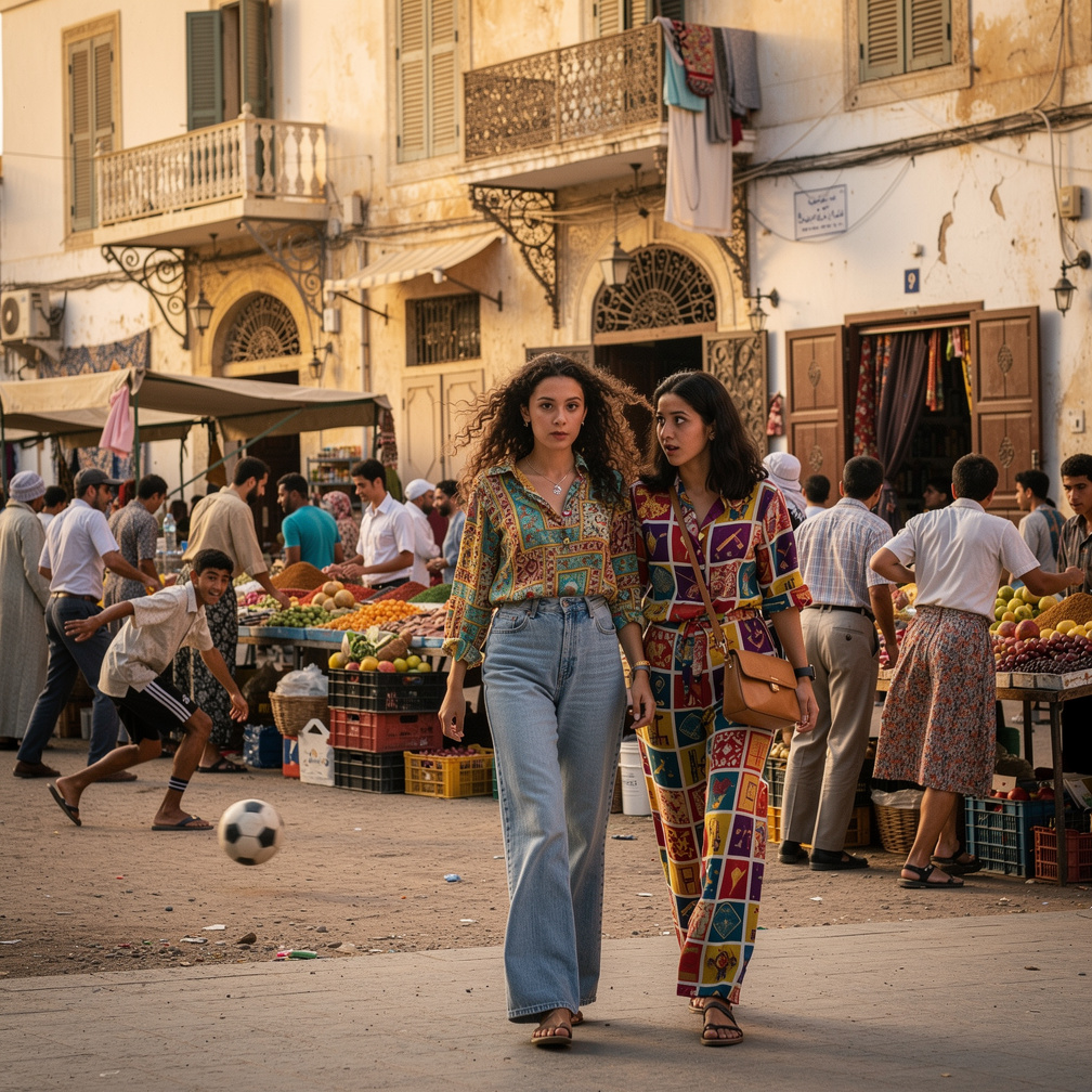 At Algeria in 1982 The Girls Wear Inspired by Early 1980s a lot of Market and People the Girls Playing Tag and Group of Teena