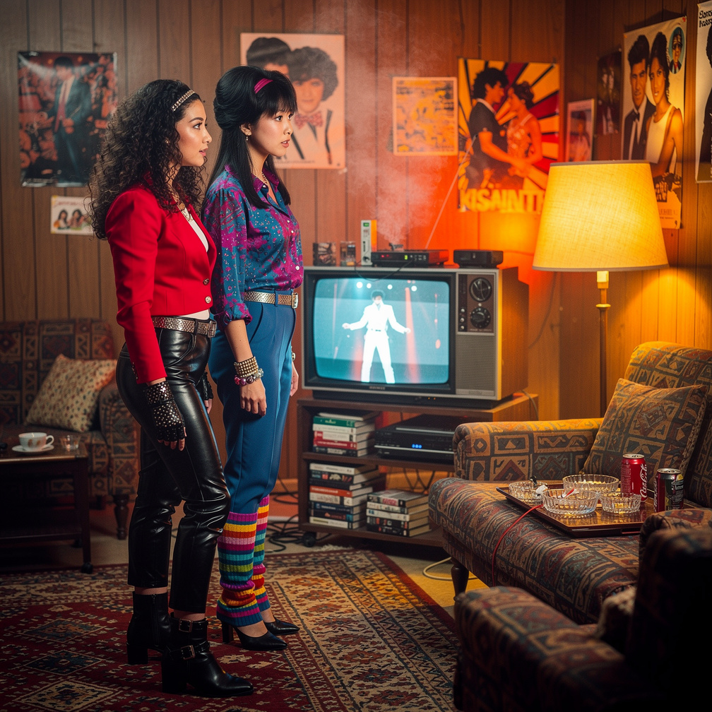 Stephanie Fujita and Mia Ji Wear Inspired by Early 1980s Gasps Famous Singer Michael Jackson on tv in Algeria 1982.