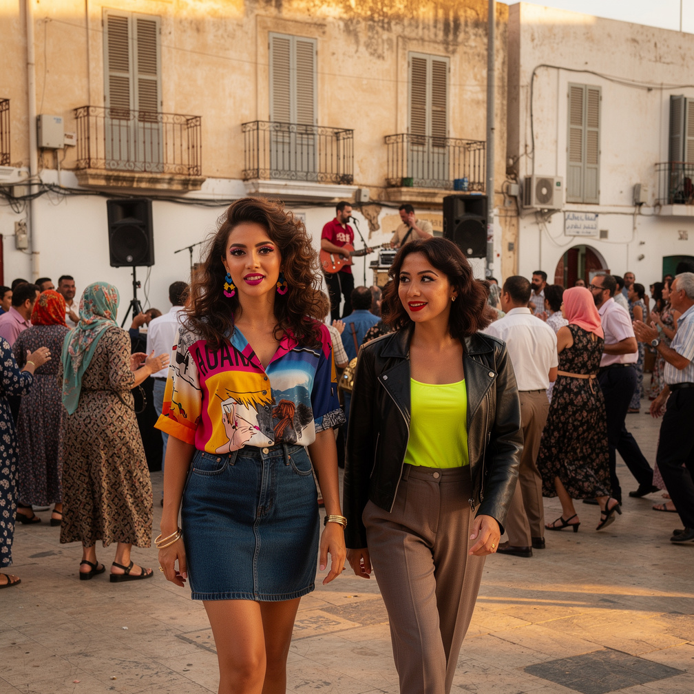 Mia Ji and Stephanie Fujita Wears Inspired by early 1980s With Makeup and Neon Lips 80s Hairstyles at Algeria in 1982 a lot
