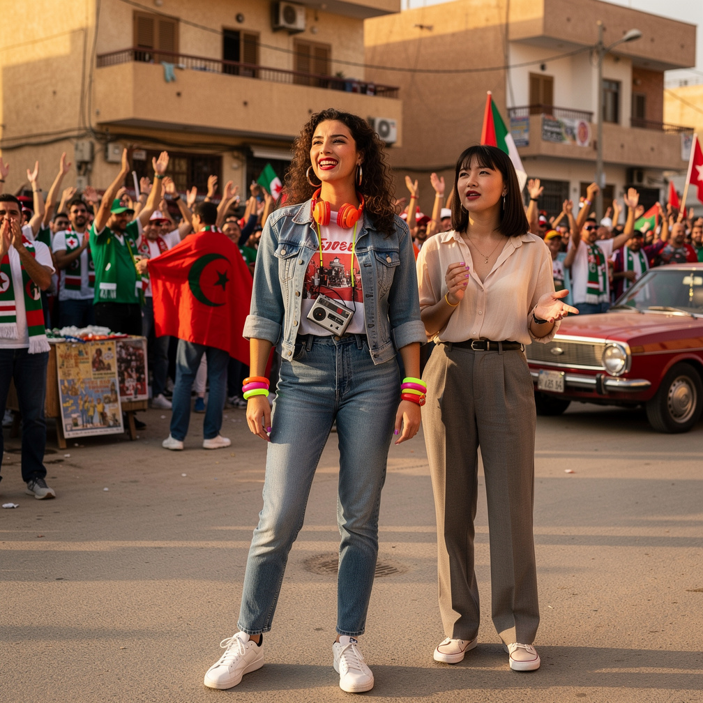 At Algeria in 1982 Stephanie Fujita and Mia Ji Wears Inspired by 1980s look With Makeup and Neon Lips 80s Hairstyles neon Nai