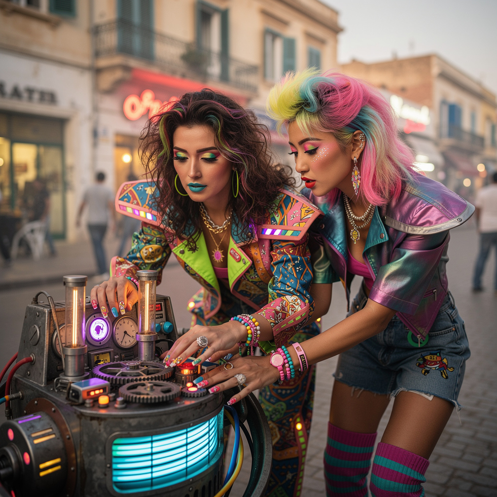 At Algeria in 1982 Mia Ji and Stephanie Fujita Wears Inspired by 1980s With Makeup and Neon Lips 80s Hairstyles And Nail arts