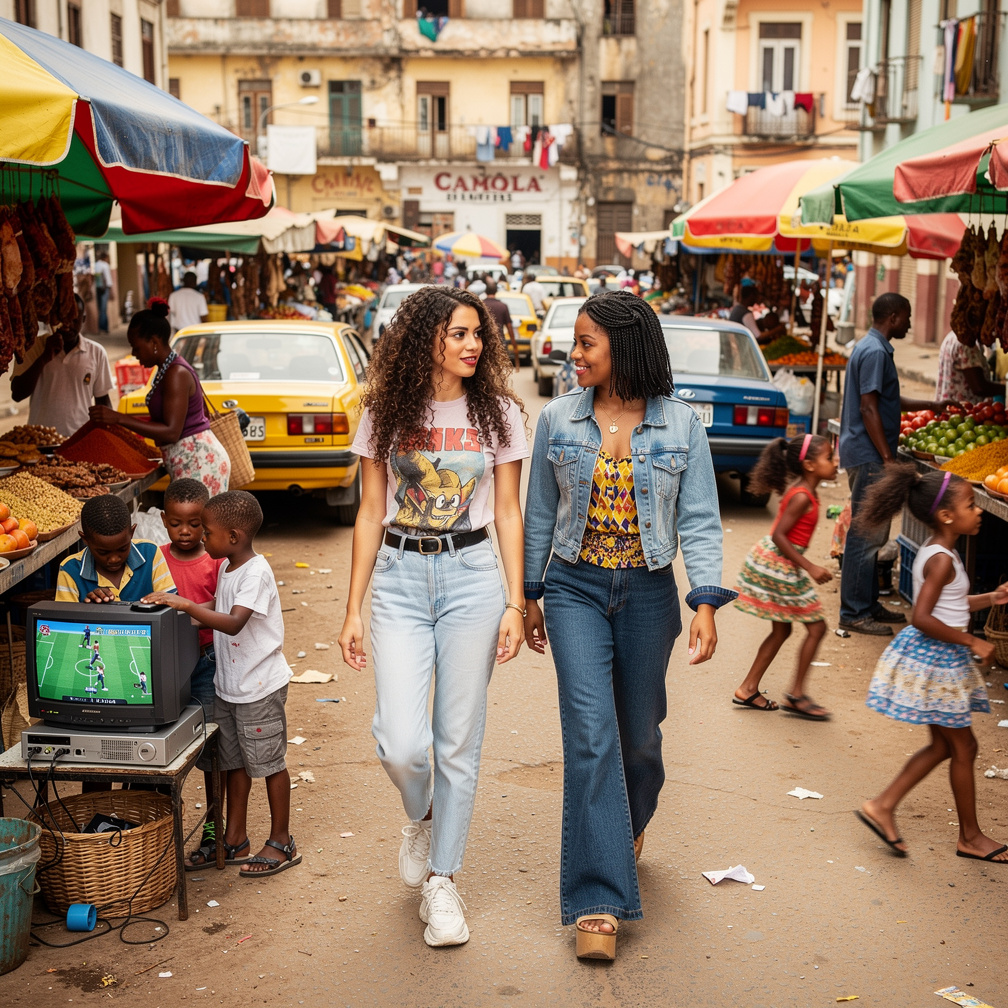 At Angola in 1997 Mia Ji and Stephanie Fujita Wears Inspired by 1990s Walking To The Building of Luanda and Taxis. And market