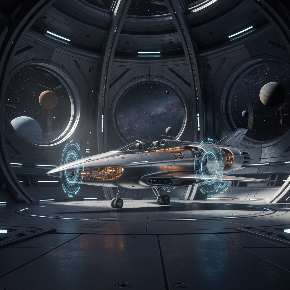 In a futuristic, dark blue-gray hued space station, a sleek, metallic spacecraft with teleportation capabilities dominates th