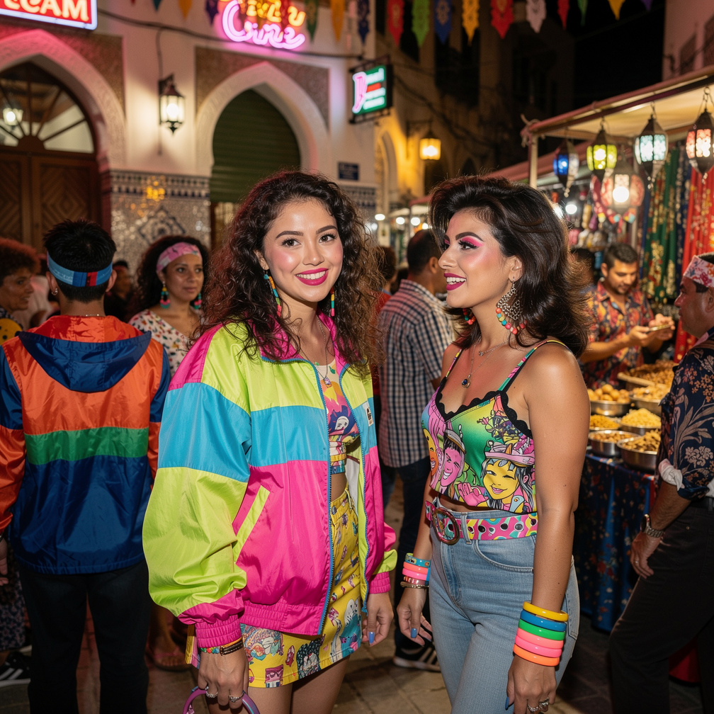At Tunisia 1983 A lot of People Wears Inspired by 1980s and Stephanie Fujita and Mia Ji Wearing too with Makeup and Neon Lips