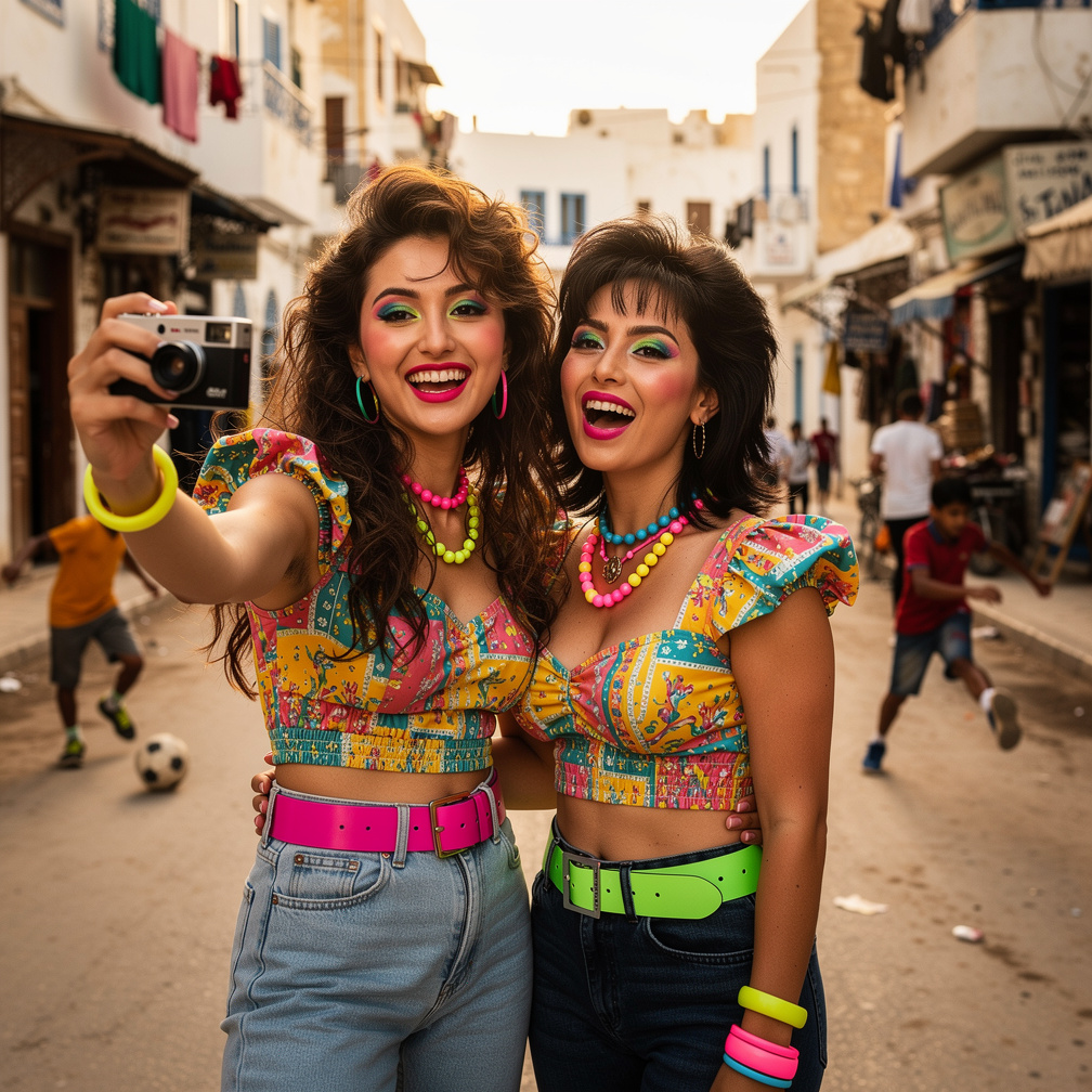 Stephanie Fujita Wears Inspired by Early 1980s with Makeup and Neon Lips 80s Hairstyles And Mia Ji too Having Selfie at Tunis