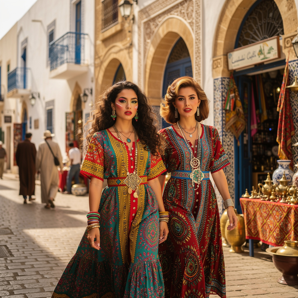 Tunisia Early 1980s Stephanie Fujita and Mia Ji Wears Inspired Traditional Dress with 80s Makeup and 80s Hairstyles Walking F