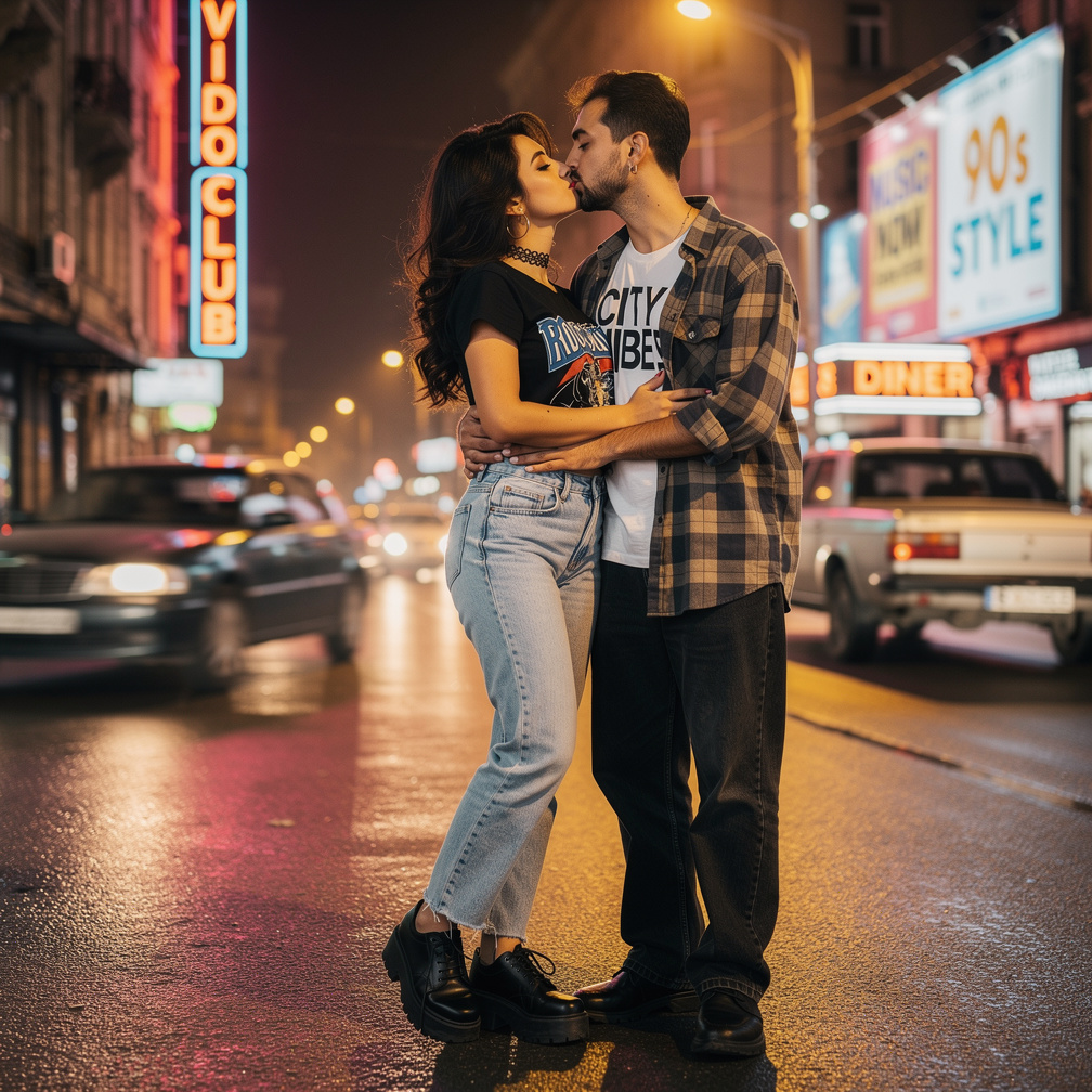 Azerbaijani Girl With 90's Hairstyle With Makeup Red lips And Tattoo Choker kiss by her Boyfriend. She Wears Inspired by 1990