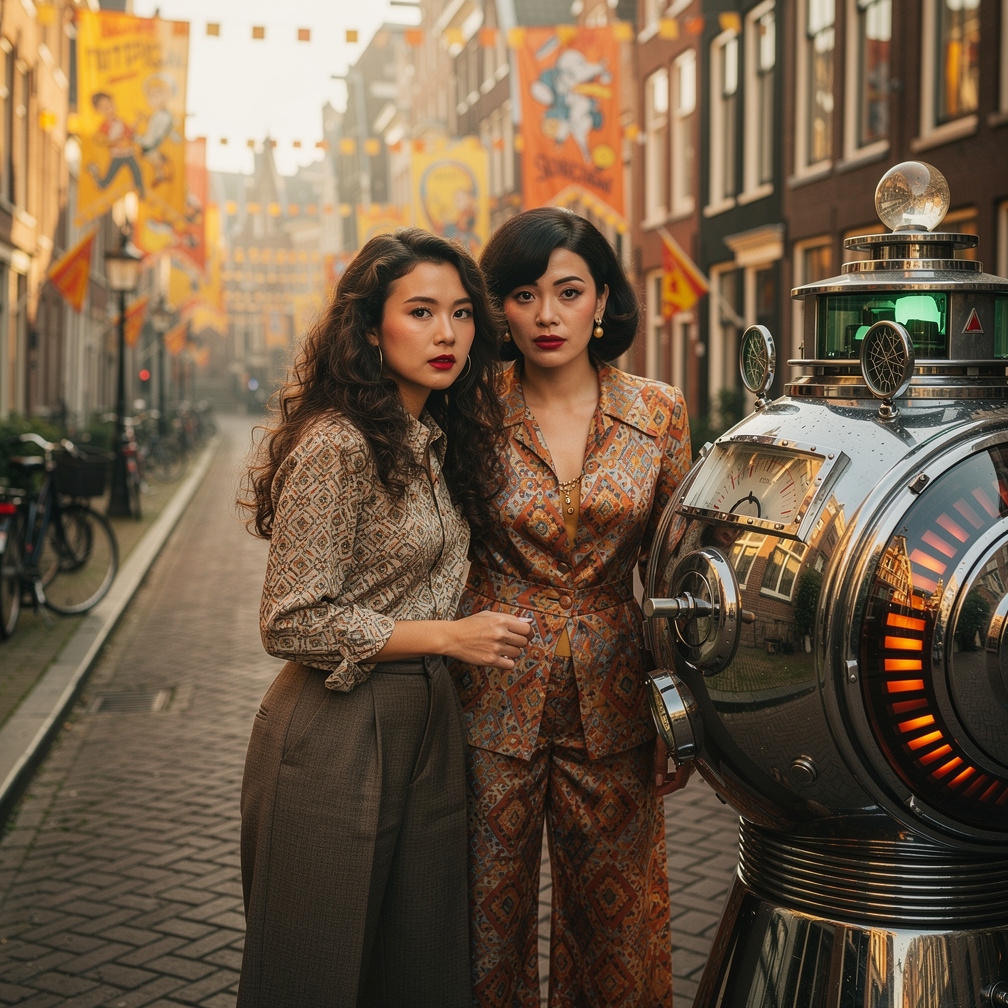 Let's go to 1970s Stephanie Fujita and Mia Ji Wears Inspired by mid 1970s With Makeup and 70s Hairstyles And Red lips at Neth