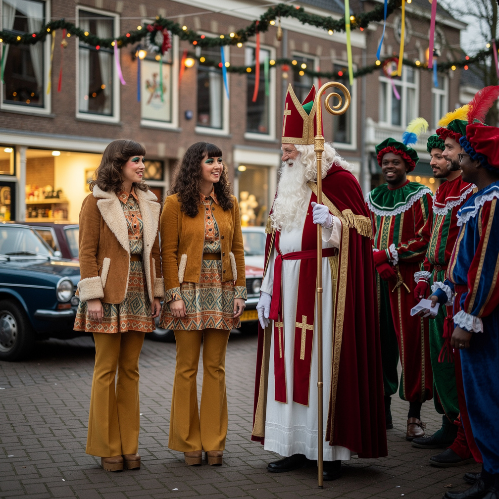 Is Sinterklaas with his Pieten at the mid 1970s Stephanie Fujita and Mia Ji Wears Inspired by 1970s With Makeup and color lip