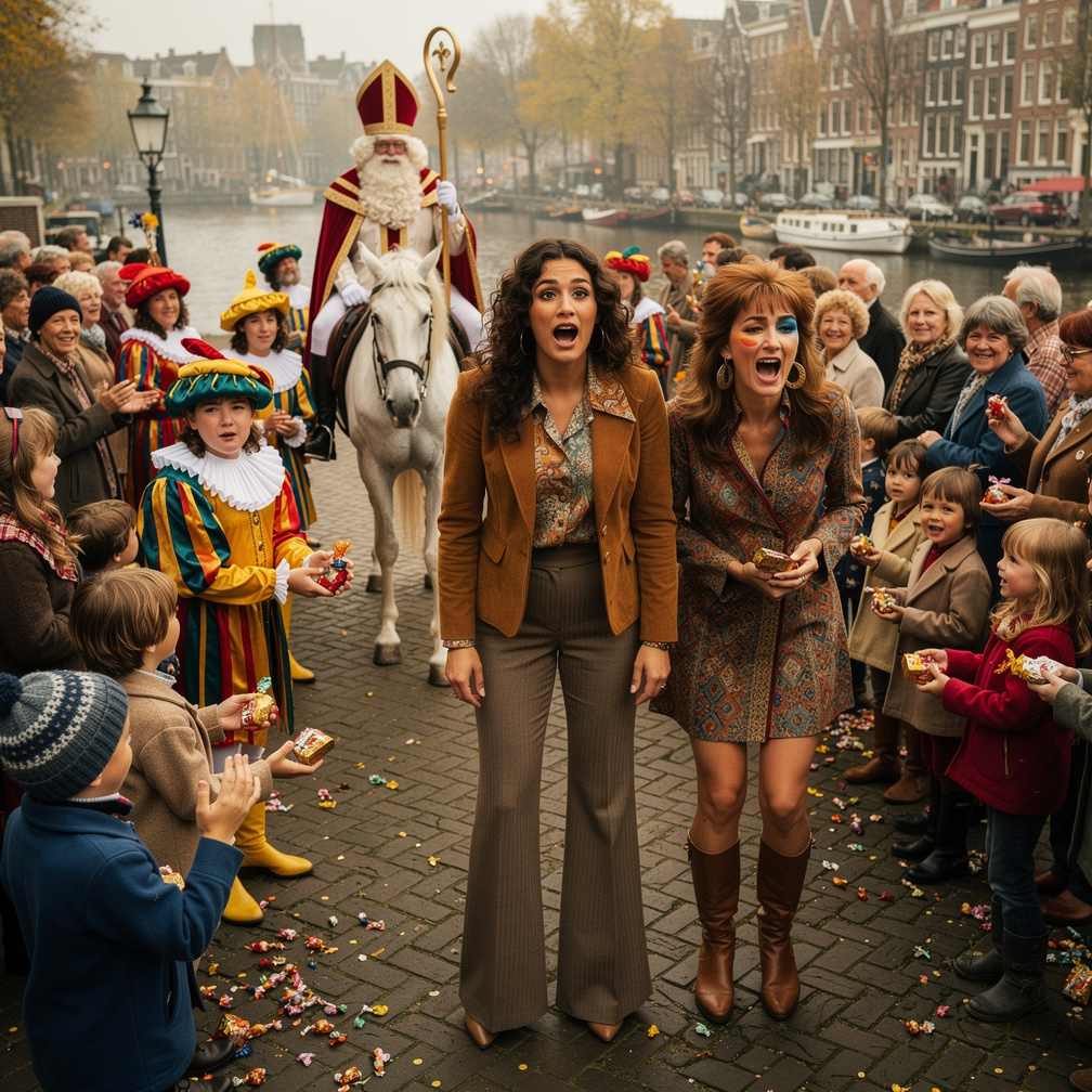 At Netherlands 1975 Sinterklaas arrives with his Pieten Mia Ji and Stephanie Fujita A lot of People and Children Watch the In