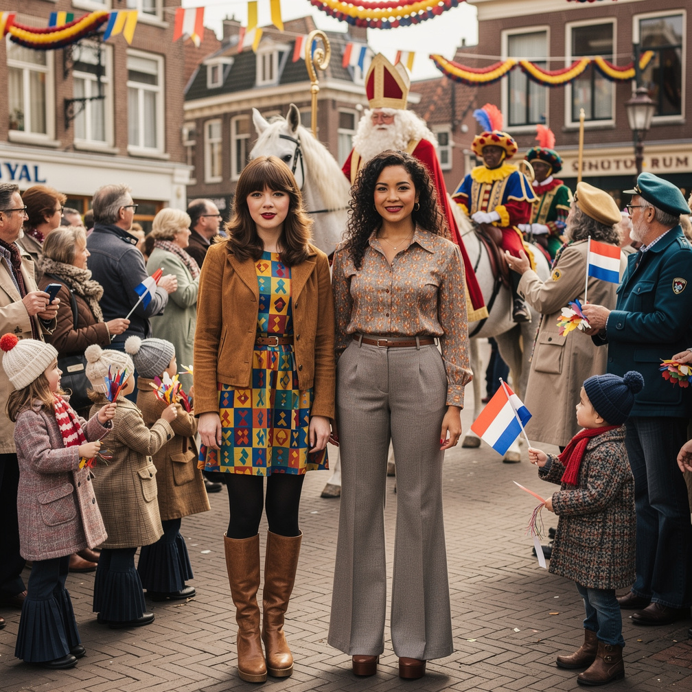 At Netherlands 1975 Black Pete Says Hi Mia Ji and Stephanie Fujita Wears Inspired by 1970s With Makeup and Dark Red lips And
