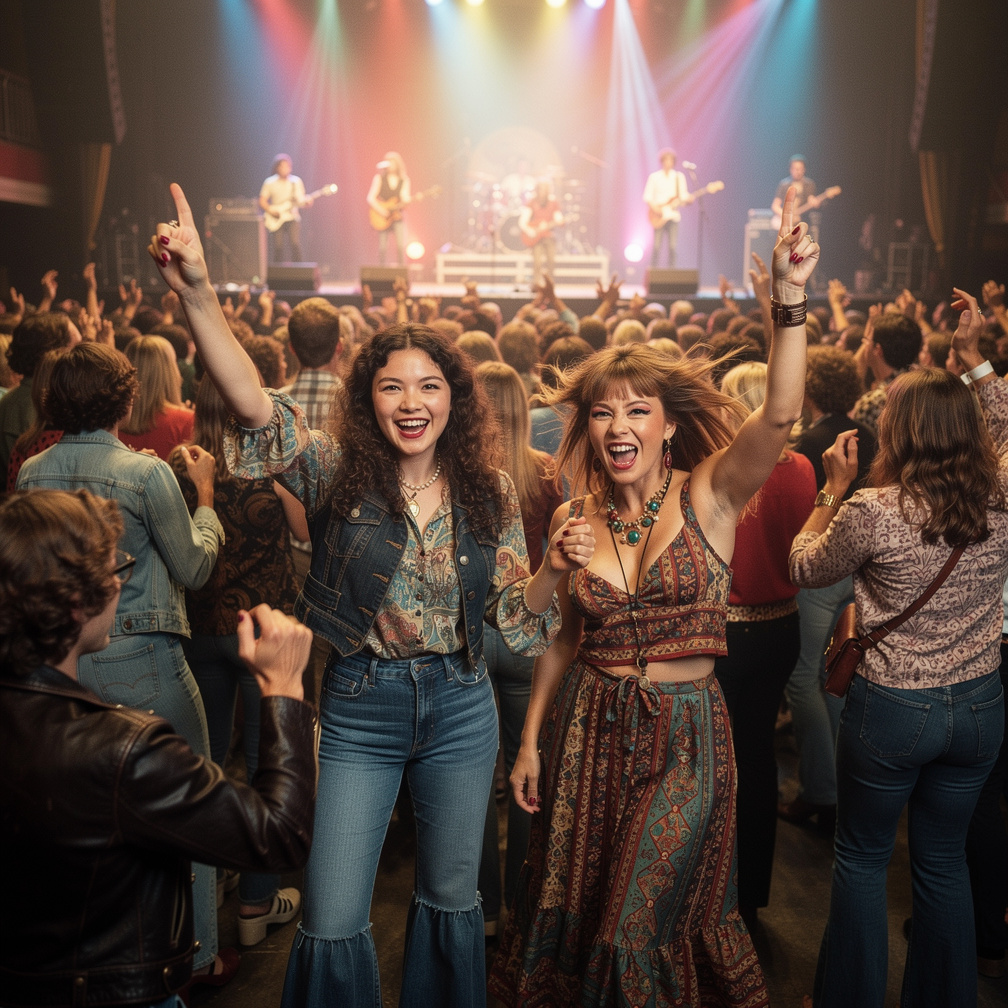 Netherlands 1975 At Live Pop rock Band Golden Earring Stephanie Fujita and Mia Ji Wears Inspired by 1970s With Makeup and Dar