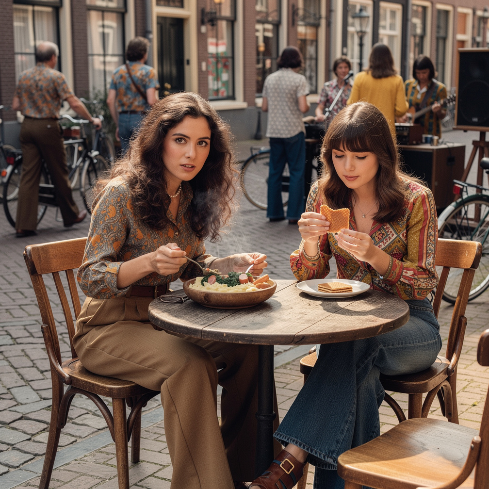 Netherlands 1975 Stephanie Fujita eats Stroopwafel By Shop and Mia Ji eats Stamppot.