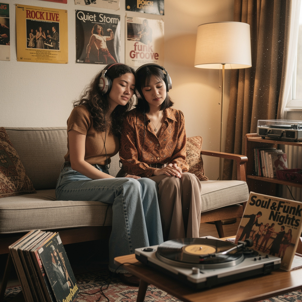 Netherlands 1975 Stephanie Fujita and Mia Ji Listen Rock and Soul and Funk, quiet Storm music on Headphones.
