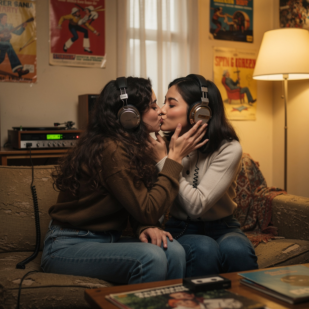Netherlands 1975 Stephanie Fujita and Mia Ji are Kissing with Makeup and dark Brown Lips With Headphones.