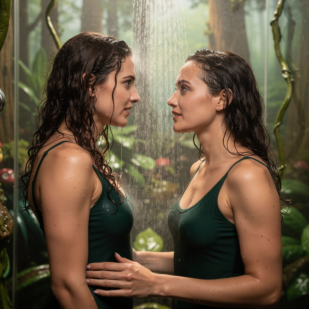 they gaze into each other's eyes, water dripping down their skin, as the shower's warmth envelops them.