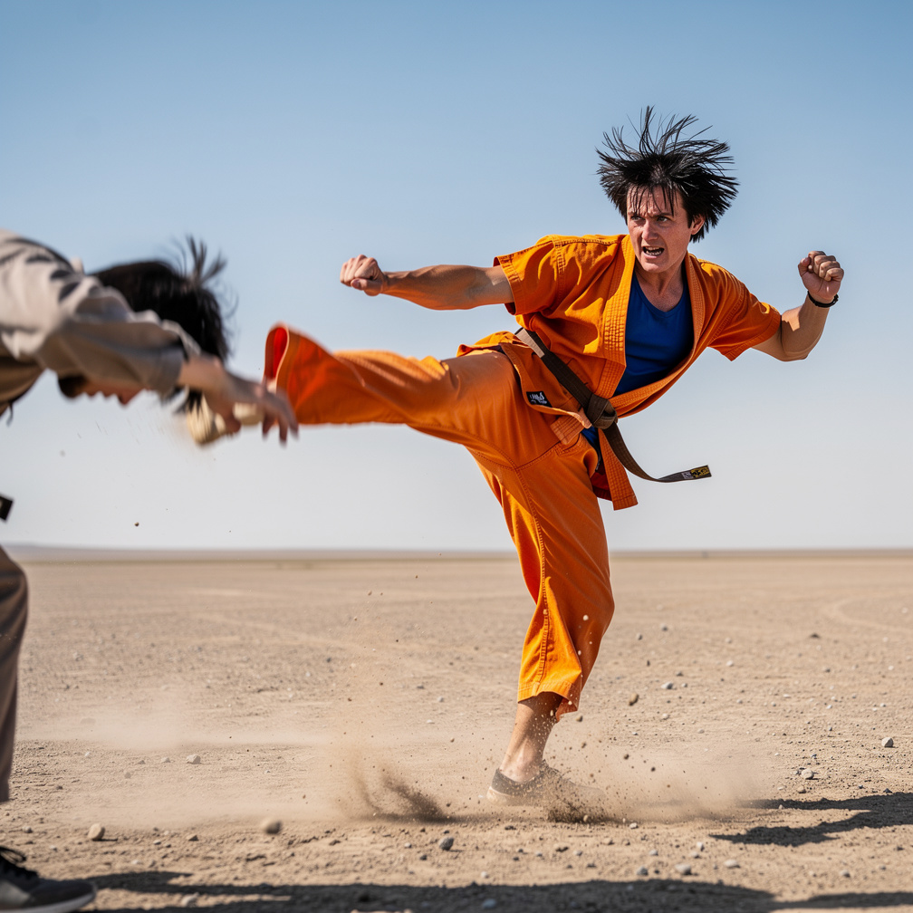 He lands a strong kick, I stumble back, shocked by his speed.
