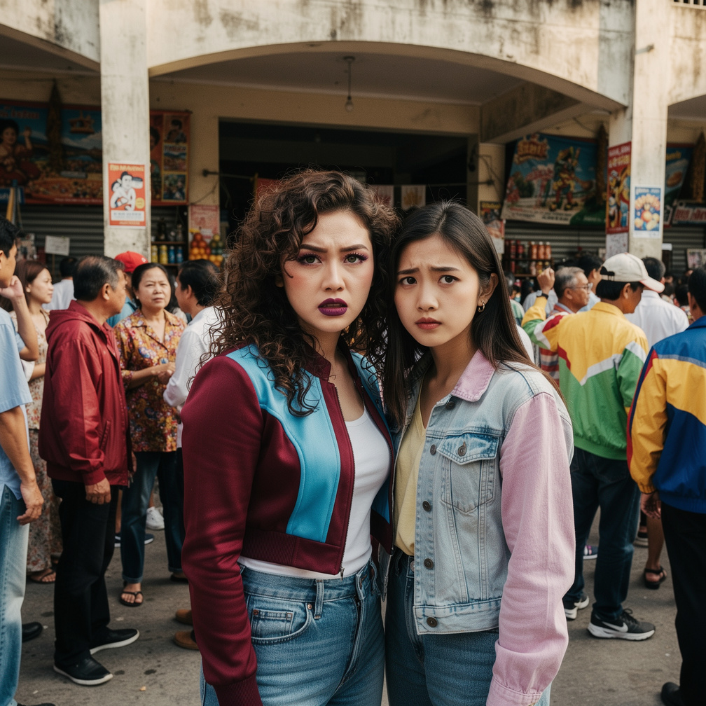 At Philippines 1992 Mia Ji and Stephanie Fujita Wears Inspired by Early 1990s With Make-up and Dark Red and Light Blue and 90