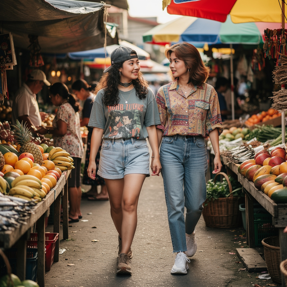 Stephanie Fujita and Mia Ji Wears Inspired by Early 1990s With Makeup and light Brown and Red Lips 90s Hairstyles Mia Ji havi