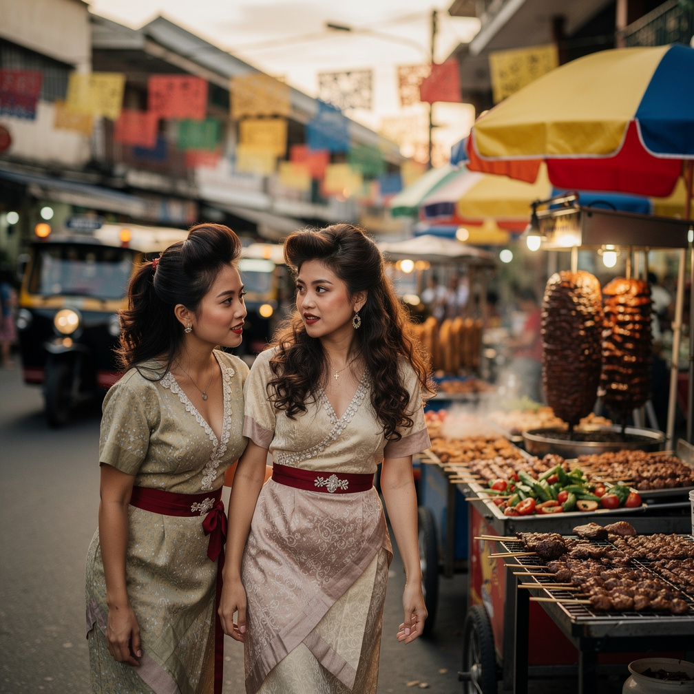 Stephanie Fujita and Mia Ji Wears Inspired by Traditional Filipino Dress with Makeup and Dark Red Lips And 90s Hairstyles Wal