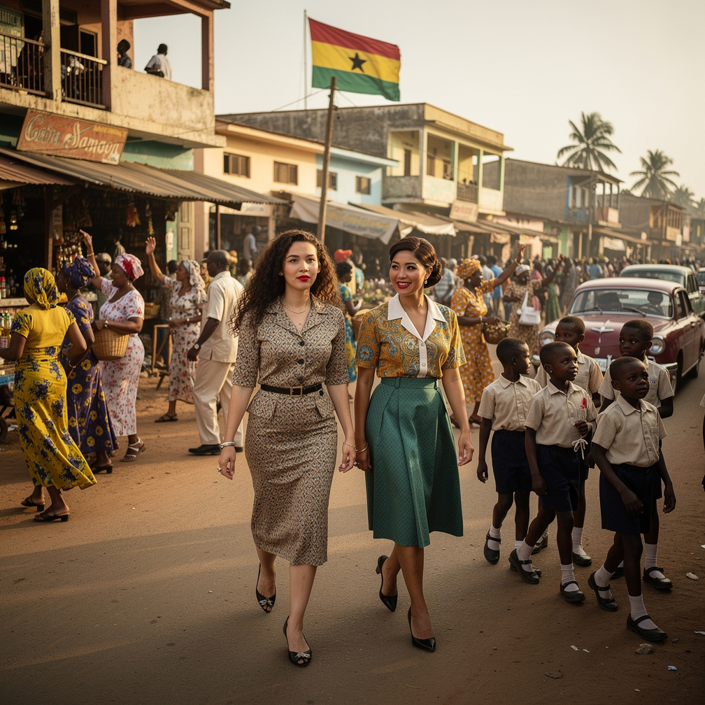 At Ghana 1961 The Flag of Country Mia Ji and Stephanie Fujita Wears Inspired by Early 1960s With Makeup and Red Lips 60s Hair