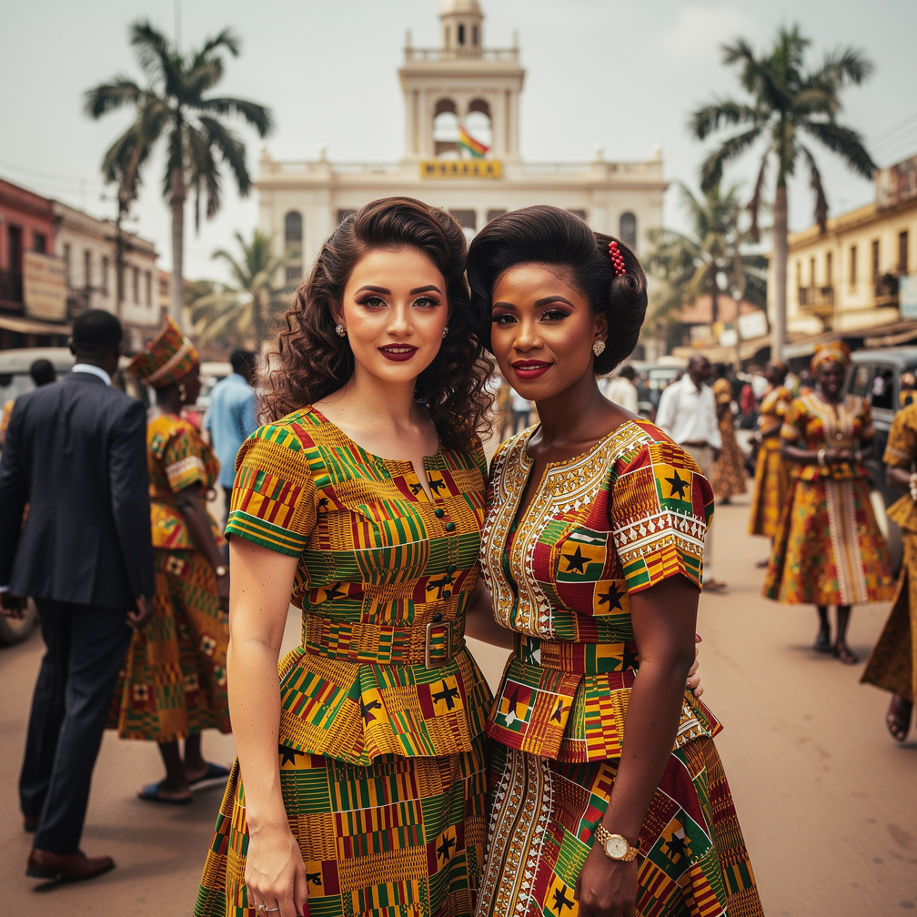 Stephanie Fujita and Mia Ji Wears Inspired by Traditional Dress Ghanaian Kente With Makeup and Dark Red lips And 60s Hairsty