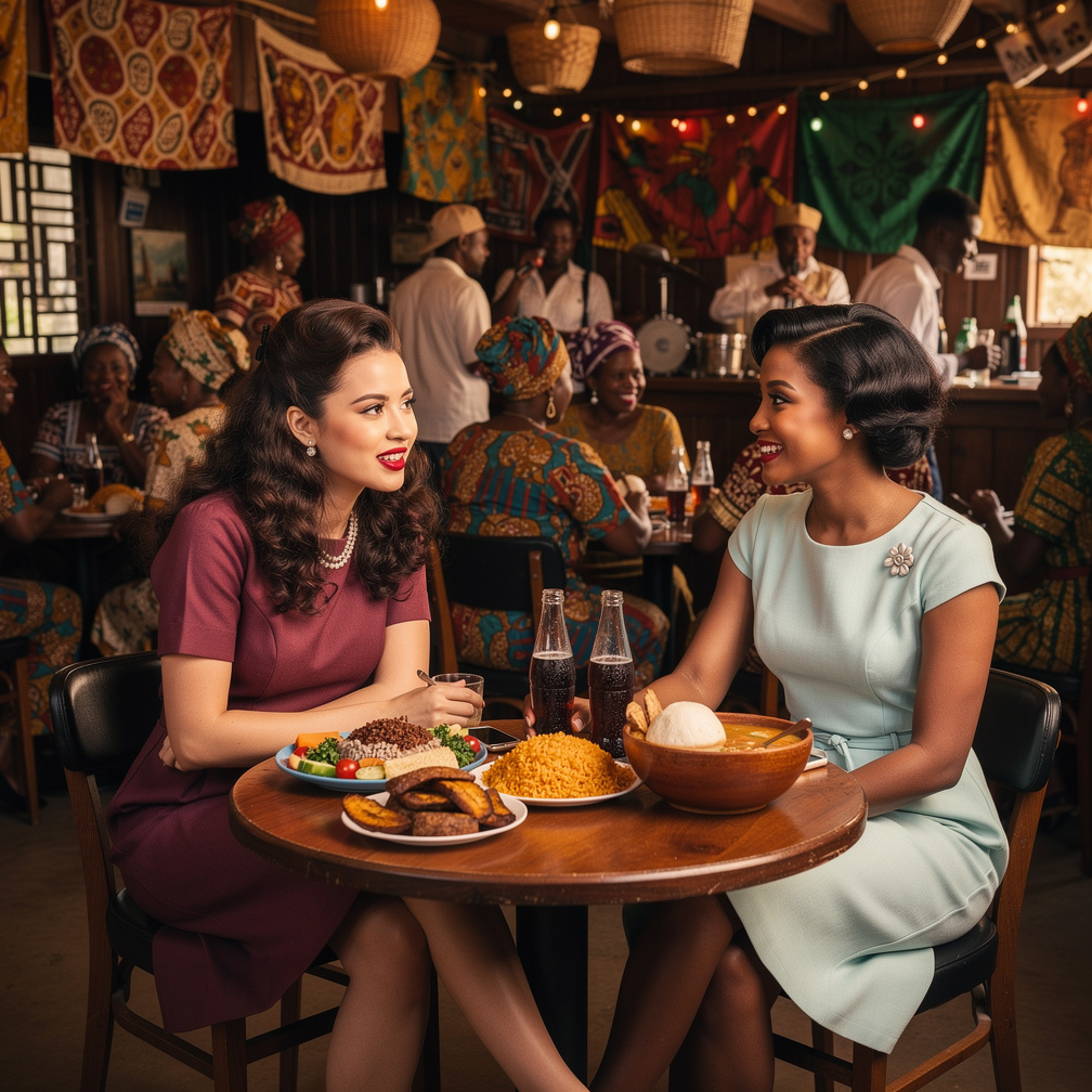 Ghana 1961 Stephanie Fujita and Mia Ji Wears Inspired by Early 1960s With Makeup and Dark Red lips And 60s Hairstyles Eating