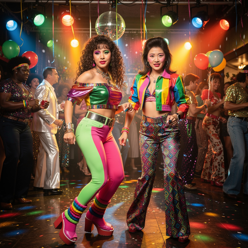 Mia Ji and Stephanie Fujita Wears Inspired by Early 1980s with Makeup and Neon Lips 80s Hairstyles at Colombia 1980 Having Di