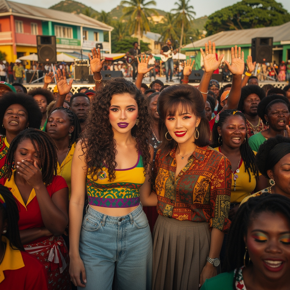 At Jamaica 1981 the Death of Bob Marley And Stephanie Fujita and Mia Ji Wears Inspired by Early 1980s with Makeup Purple and