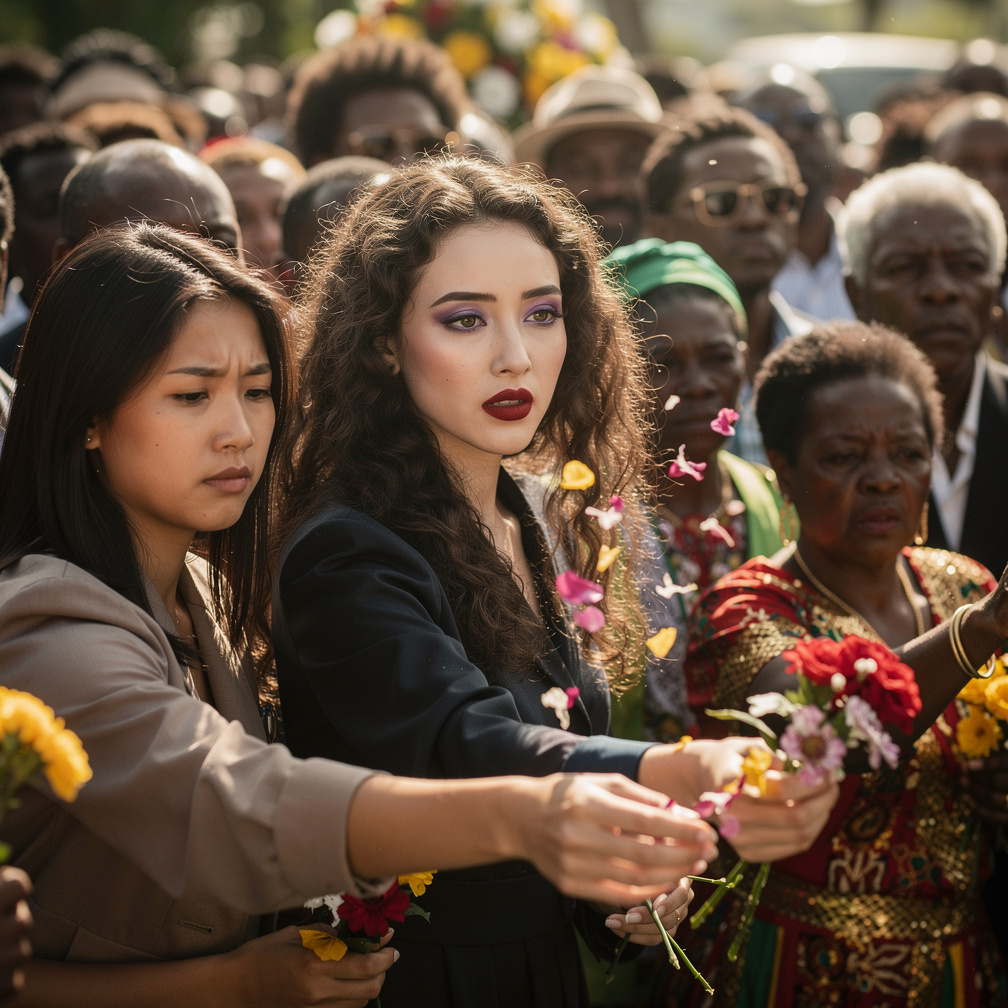 Stephanie Fujita and Mia Ji Wears Inspired by Early 1980s with Makeup and Purple and Red lips At Jamaica 1981 Funeral Death o