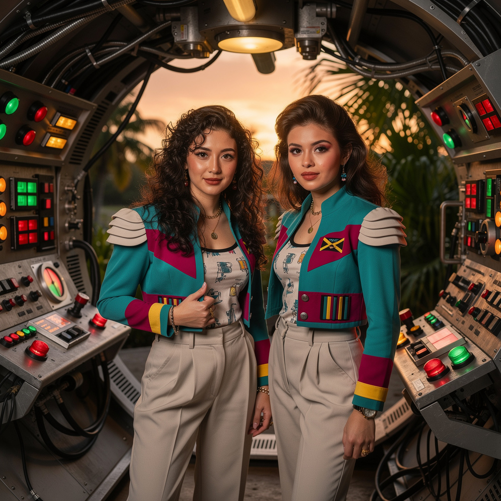 At time Machine Stephanie and Mia Ji Wear Inspired by Early 1980s with Makeup and Brown Lips 80s Hairstyles At Jamaica 1981.