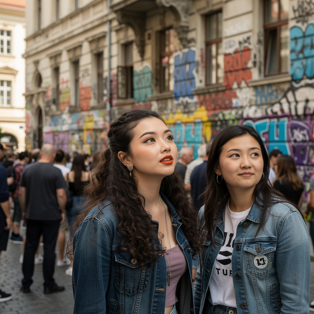 Stephanie Fujita and Mia Ji Wears Inspired by Early 2010s With Make-up and 10s Hairstyles Urban Look And Light Orange And Pur