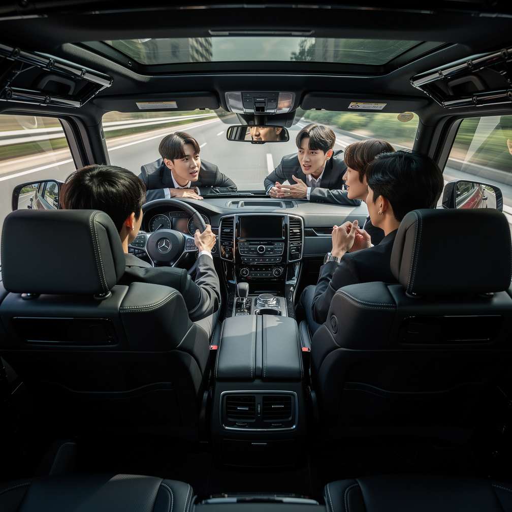 Arka bölümde Rowoon'un yanında Hoseok ve Jimin oturuyor, sohbet ediyorlar.