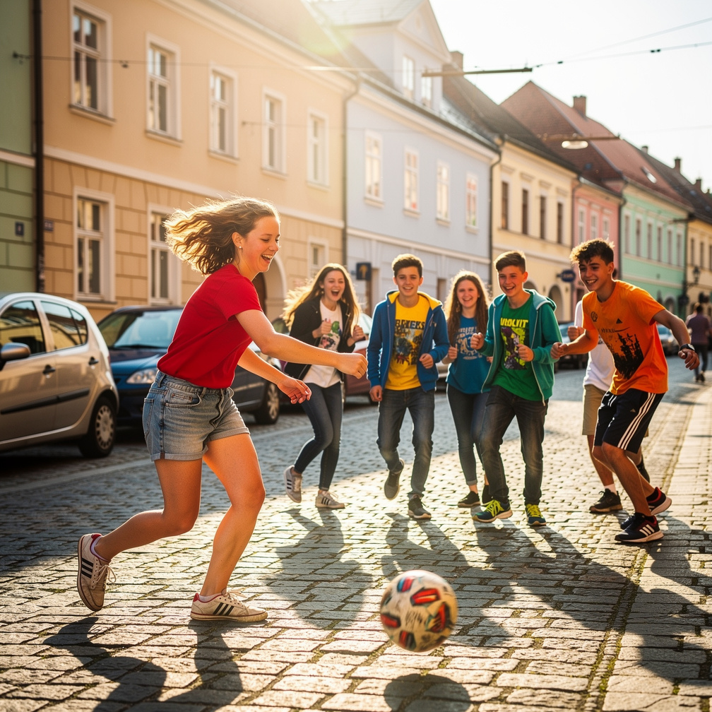 Slovakia 2011 Teenagers Playing Street Football Stephanie and Mia Ji.