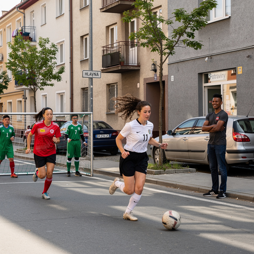 Slovakia 2011 Mia Ji and Stephanie Fujita Playing Football in the streets 5 a side with Goalkeepers.
