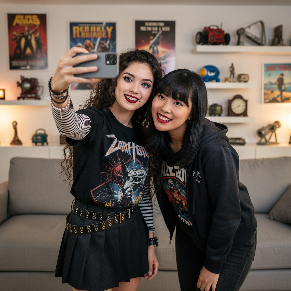 We're back at at Home Mia Ji Song and Stephanie Fujita Wears Inspired by Emo Mid 2000s With Make-up and Red Lips and Dark Pur