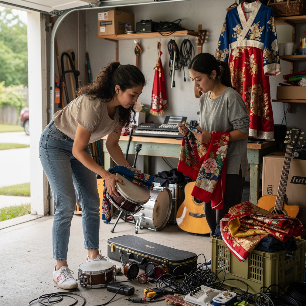 At the Garage Mia's Parents A lot Messed Let's Clean up said Stephanie Fujita and Mia Ji Making up, at Instruments and More T