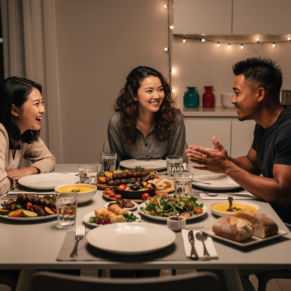 Mia Ji and Stephanie Fujita With their Friends Supper Eating And Drinks Together.