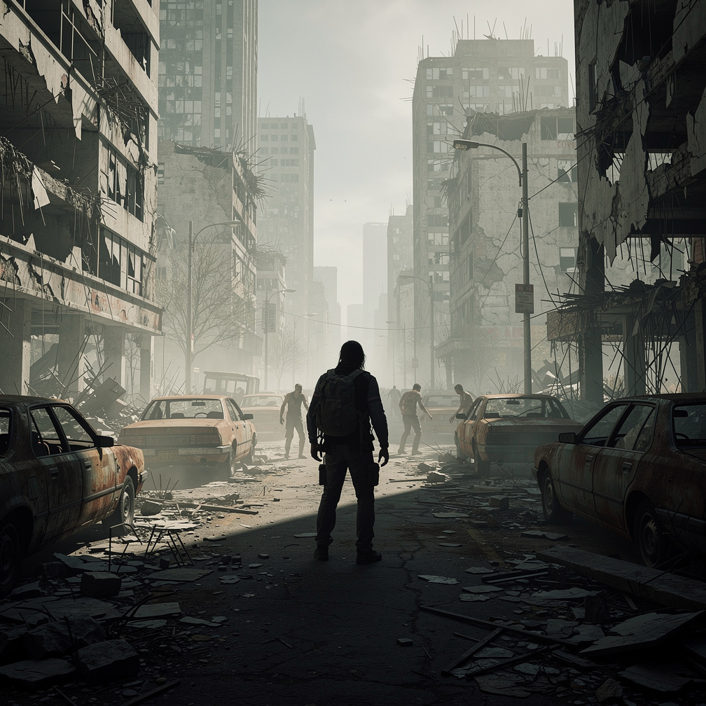 Ruins of a cityscape unfold, zombies shuffling in the distance, as a lone figure emerges from the shadows.