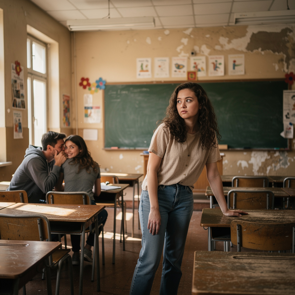 Mia Ji and friends enter their old classroom, nostalgic memories flood back, Dominic whispers something to Emily.