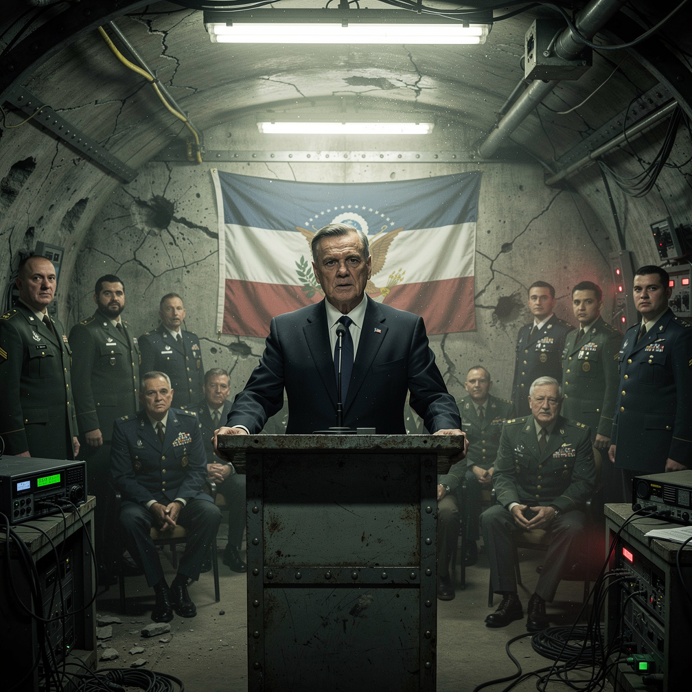 In a heavily fortified, war-torn bunker, the President, a middle-aged man with a stern expression, stands at a podium, wearin